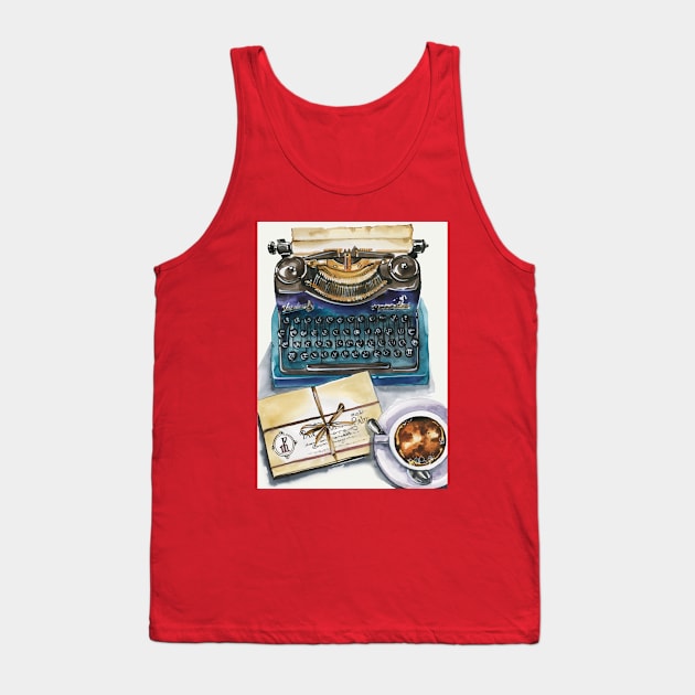 Typewriter Man Scripts Writer Workplace Hand Drawn Tank Top by Mako Design 